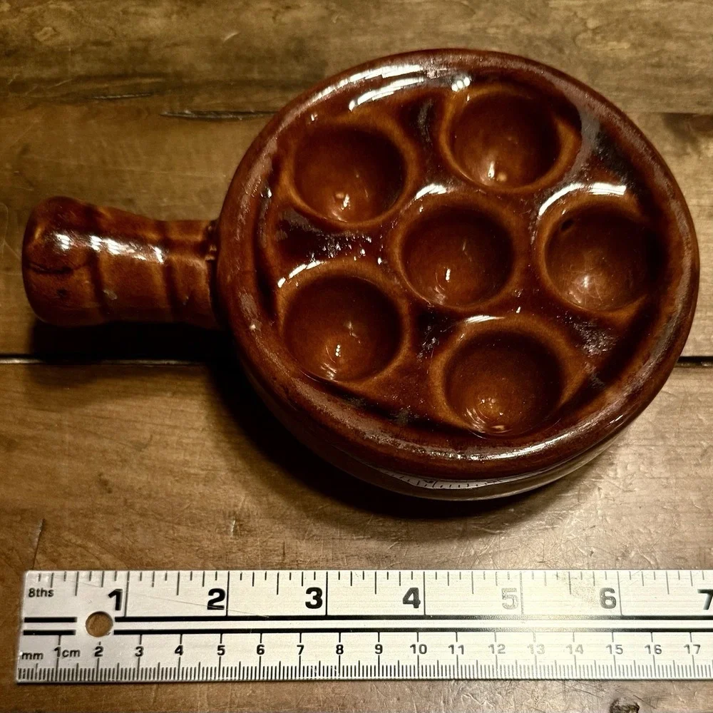 VTG 70s 1970s Brown Glazed Stoneware Escargot‎ Appetizer Oven Baking Handle Dish